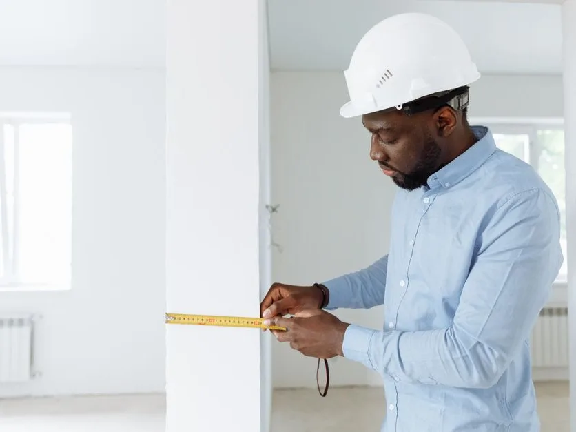 Artisan qui mesure un mur avant de chiffrer les travaux